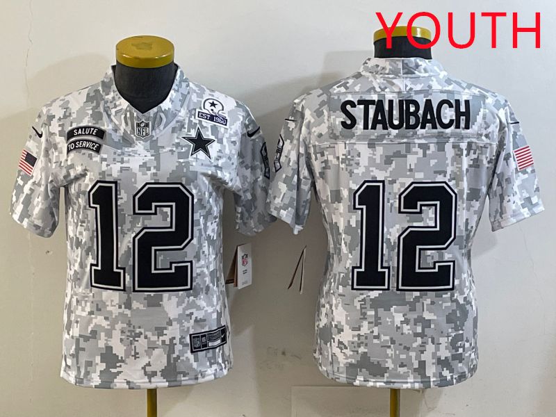 Youth Dallas Cowboys #12 Staubach Camo Nike Olive Salute To Service Limited NFL Jersey style 4